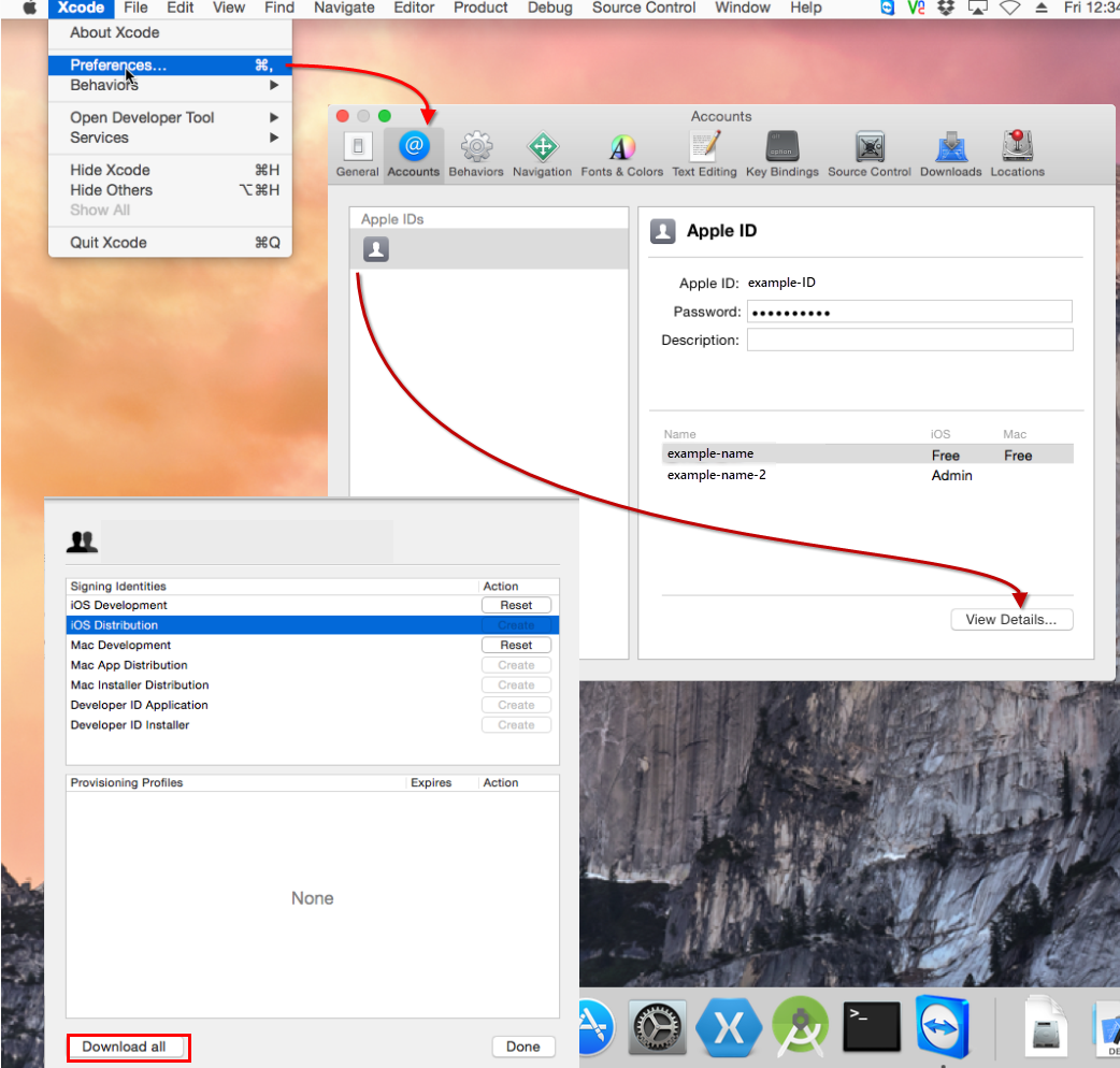 Ensuring that the Apple developer account is logged in and the iOS Development Profile is downloaded