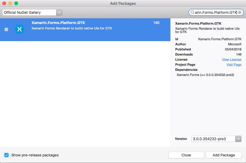 选择 Xamarin.Forms.Platform.GTK NuGet 包 选择 Xamarin.Forms.Platform.GTK NuGet 包
