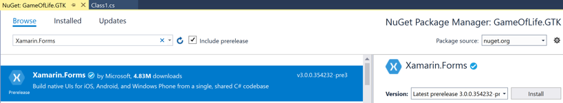 选择 Xamarin.Forms NuGet 包 选择 Xamarin.Forms NuGet 包