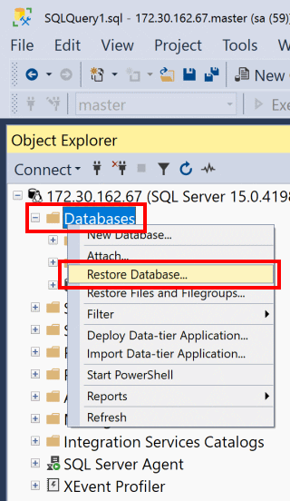 显示用于还原数据库的 SSMS 菜单选项的屏幕截图。