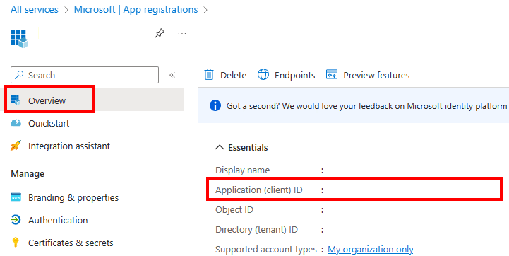 “概述”窗格上的“应用程序”（客户端）ID 值的屏幕截图。