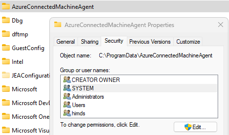 AzureConnectedMachineAgent 文件夹“安全属性”选项卡的屏幕截图。