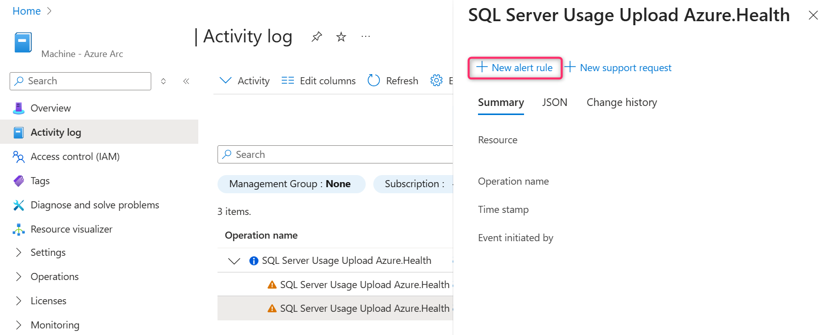 Azure 门户中的屏幕截图。选择日志条目。