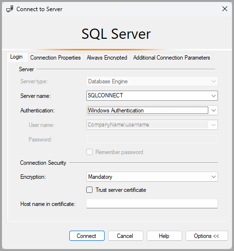 SQL Server 的经典连接对话框的屏幕截图。