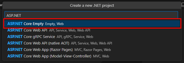 命令面板的屏幕截图,其中选择了“ASP.NET Core 空”。
