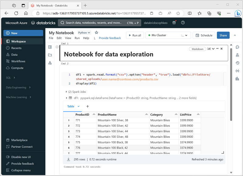 Azure Databricks 中笔记本的屏幕截图。