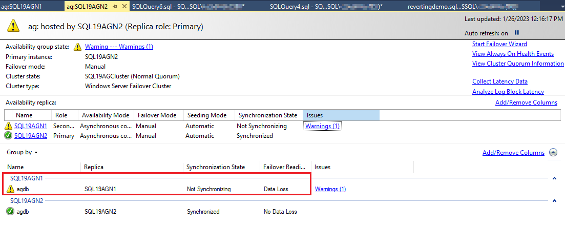 “AlwaysOn”仪表板的屏幕截图,其中报告主服务器上未同步。