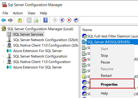 SQL Server 服务右键单击菜单的屏幕截图，其中突出显示了“属性”。