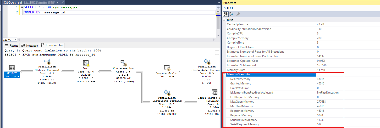 包含内存授予和查询计划的查询的屏幕截图。