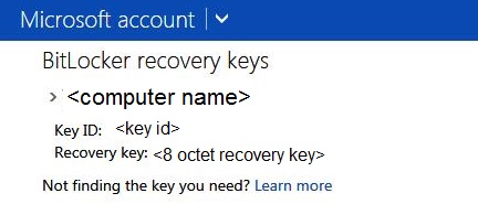 显示 BitLocker 恢复密钥的页面的屏幕截图。