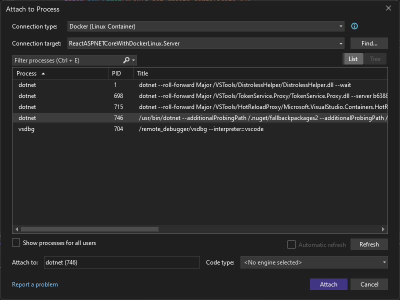 Visual Studio 中“附加到进程”对话框的屏幕截图。连接类型设置为 Docker（Linux 容器），并且选择了 dotnet 进程。