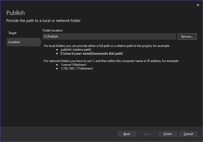 Visual Studio 中“选取发布目标”对话框的屏幕截图，其中选择了“C：\Publish”作为发布目标。