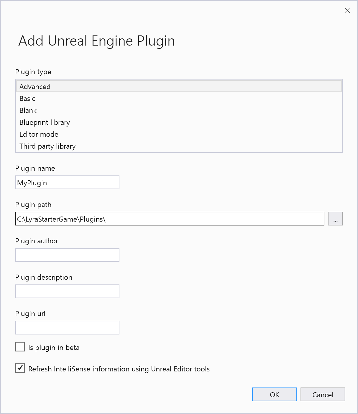 “添加新 Unreal 引擎”插件对话框的屏幕截图。