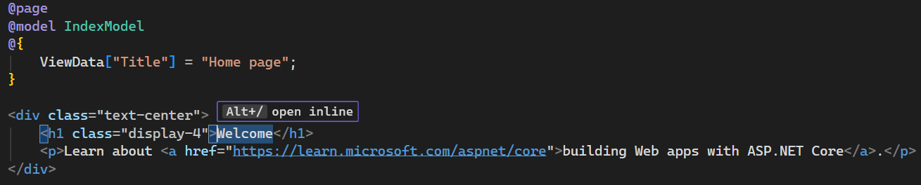 屏幕截图显示了 Visual Studio Code 编辑器中主页的 Index.cshtml 文件。