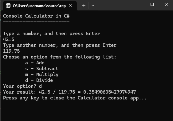 控制台窗口的屏幕截图，其中显示了计算器应用，该应用现在接受小数并返回更长的小数结果。