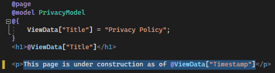 屏幕截图显示 Visual Studio Code 编辑器中打开的 Privacy.cshtml 文件，其中包含更新的文本。