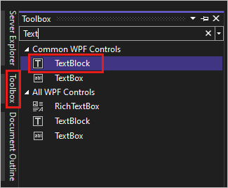 显示“工具箱”窗口的屏幕截图，其中突出显示了 Common WPF 控件列表中的 TextBlock 控件。