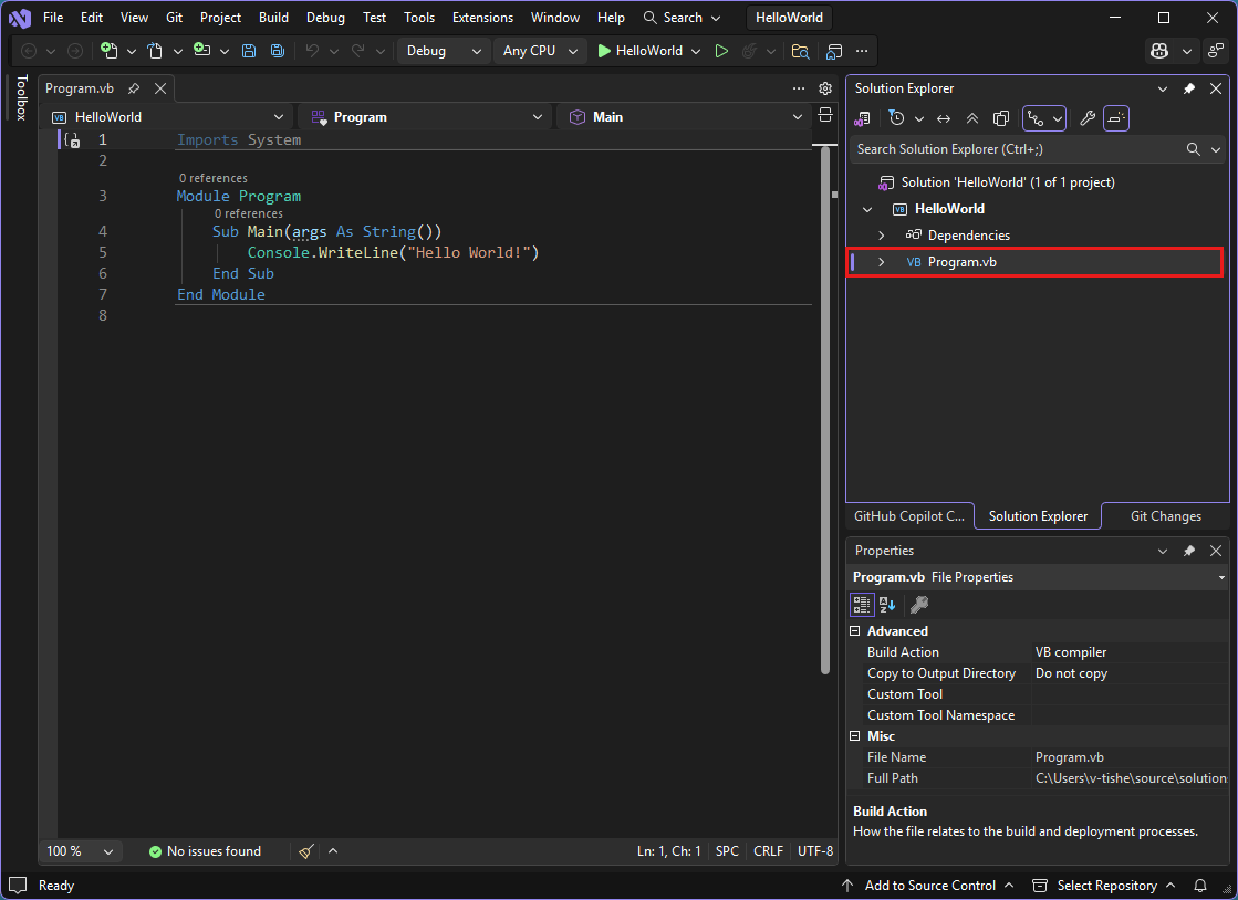 显示在 Visual Studio IDE 的编辑器中打开的 Program.vb 代码的屏幕截图。