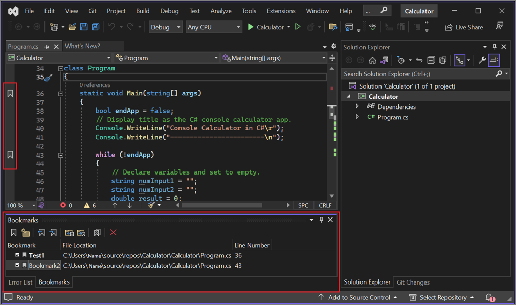 Visual Studio 中已添加书签的“书签”窗口的屏幕截图。
