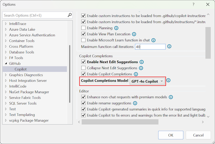 显示用于选择完成模型的下拉列表的屏幕截图。