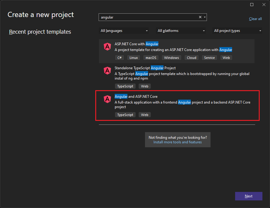 显示选择模板的屏幕截图。