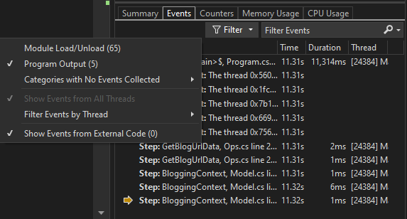 诊断事件筛选器的屏幕截图。