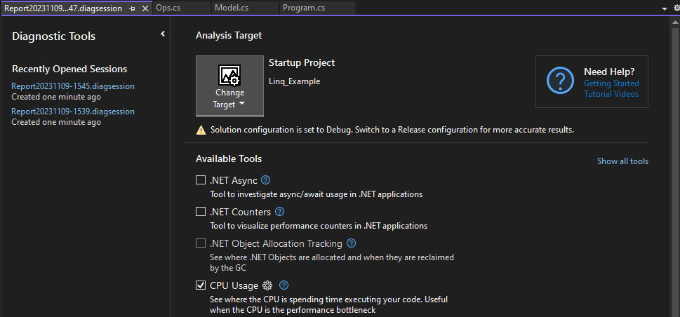 诊断工具最近打开的会话列表的屏幕截图。