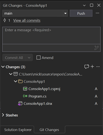 显示 Visual Studio 中的“Git 更改”窗口的屏幕截图。