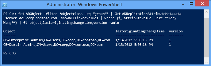 显示如何找出拥有 Tony Wang 成员的每个组以及上次修改组的时间的屏幕截图。