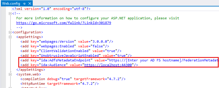 WebAPIOBO 下的 Web 配置文件的屏幕截图，其中显示了修改后的值。
