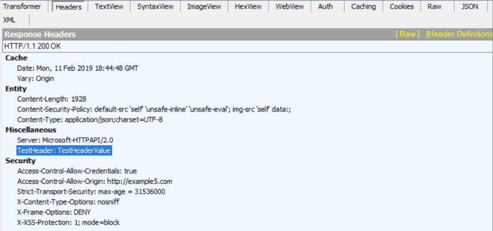 标题选项卡上 Fiddler 的屏幕截图，其中突出显示了 TestHeader：TestHeaderValue 的“杂项”。