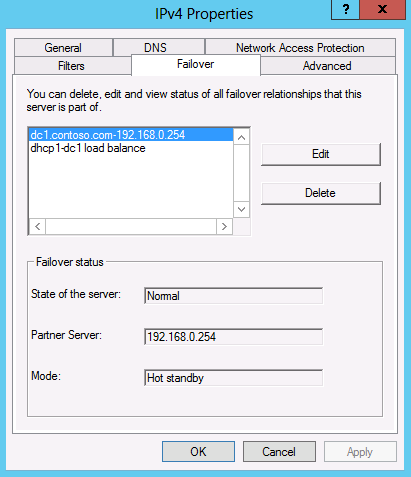 屏幕截图显示了在 DHCP 控制台中查看故障转移属性。