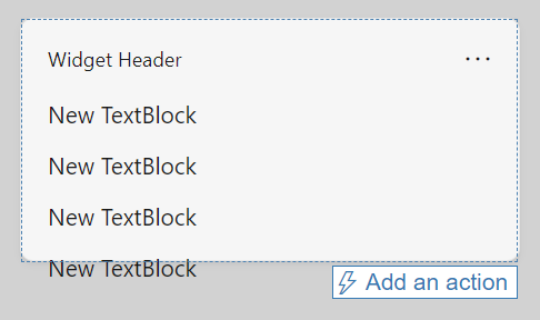 自适应卡片正在创建中。它显示一个小组件，其中包含文本“新建 TextBlock”的四行。四行文字溢出了小组件的下边框。